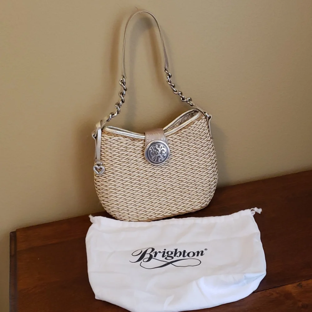 Brighton Cream Woven Shoulder Bag with Silver Accents